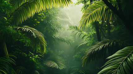 A wide shot of tropical vines and large palm leaves intertwining in the Amazon rainforest, creating a dense and vibrant ecosystem 