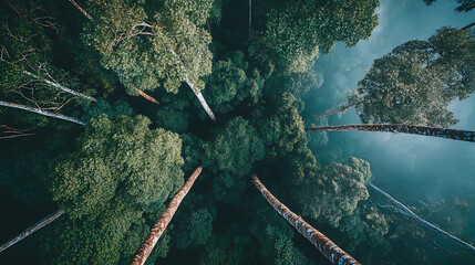 A view of the forest canopy in the Amazon rainforest, with tall emergent trees breaking through the lush foliage 