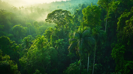 A view of the forest canopy in the Amazon rainforest, with tall emergent trees breaking through the lush foliage 
