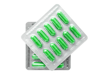 Green medicine capsules and remedy pills in blister pack, pharmaceutical cure, antibiotics or painkillers isolated on transparent background