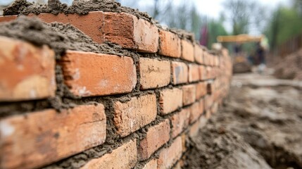 Close-up view of bricks and mortar, perfectly aligned in a brick wall under construction, showcasing the craftsmanship.