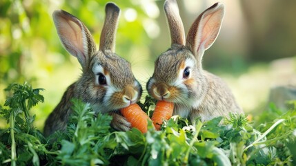Fototapeta premium Rabbits nibbling on fresh carrots and leafy greens, showcasing nutritious, natural feeding habits.