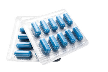 Blue medicine capsules and remedy pills in blister pack, pharmaceutical cure, antibiotics or painkillers isolated on transparent background