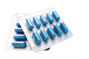 Blue medicine capsules and remedy pills in blister pack, pharmaceutical cure, antibiotics or painkillers isolated on transparent background