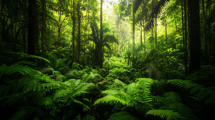 Fototapeta premium A dense section of the Amazon rainforest with towering trees and a variety of ferns and mosses covering the forest floor 