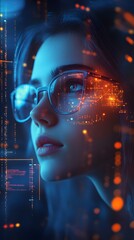 A young woman wearing glasses is surrounded by glowing data and code, creating an immersive visual experience that symbolizes the futuristic world of technology