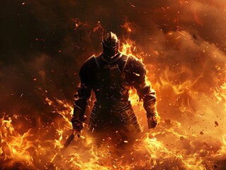 Armored Warrior Engulfed in Fiery Battlefield Depicting Courage and Chaos