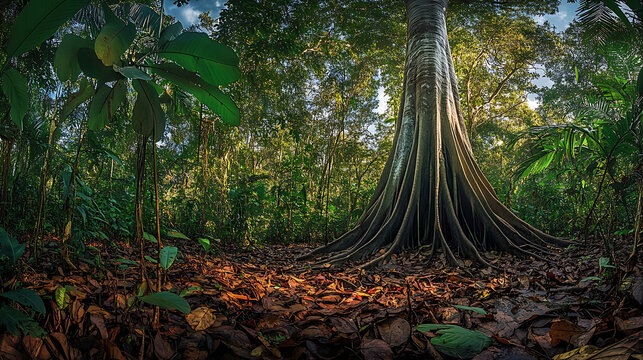 A majestic kapok tree standing tall in the Amazon rainforest, surrounded by diverse plant life and dense foliage 
