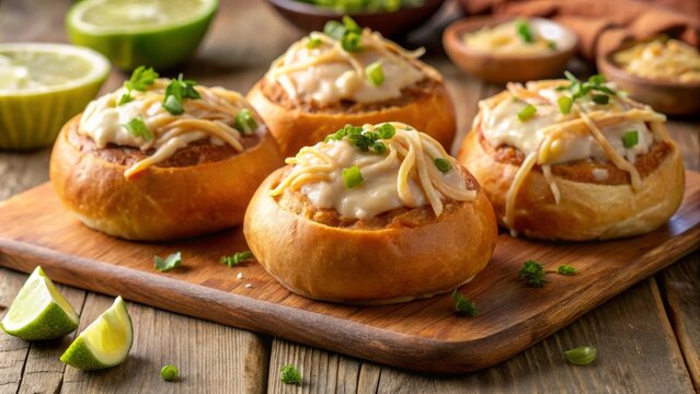 Golden-brown bolillo rolls halved and topped with a generous serving of creamy refried beans and melted cheese, garnished with a delicate slice of lime