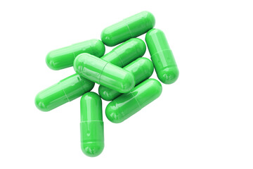 Green medicine capsules and remedy pills, pharmaceutical cure, antibiotics or painkillers isolated on transparent background