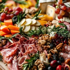 A close-up of a gourmet cheese board with a variety of cured meats, fruits, nuts, and cheeses.