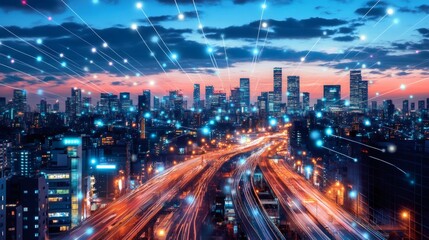 Night cityscape with glowing lines connecting buildings and highway traffic.