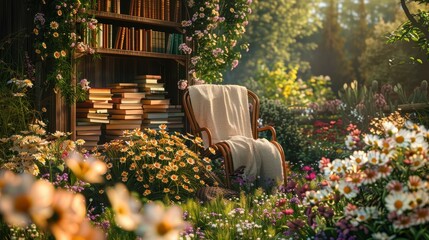 A comfortable chair sits in a garden, surrounded by blooming flowers and a bookshelf filled with books. The warm sunlight illuminates the scene.