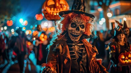 A costumed skeleton leads a crowd of revelers during a Halloween celebration, lit by jack-o-lanterns.