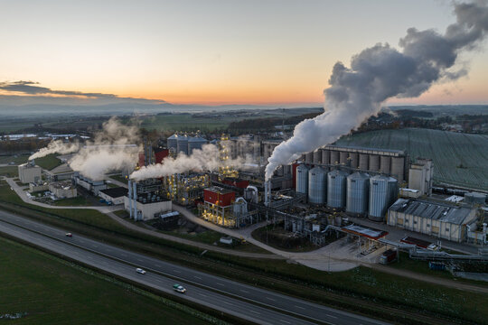 Polish producer of bioethanol and ethanol produced from corn grain. The production plant is located near Nysa in Poland. Methanol and ethanol plant.. View of methanol and ethanol factory.