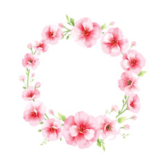 Fototapeta premium Wreaths, floral frames, watercolor flowers pink roses, Illustration hand painted. Isolated on white background. Perfectly for greeting card design. Pastel Watercolor Heart Shaped Floral Wreath