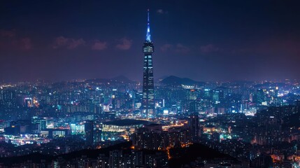 Obraz premium Scenic view of the N Seoul Tower at night, illuminated against the city skyline
