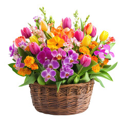 Obraz premium A vibrant floral arrangement in a woven basket, perfect for gifts or home decor.