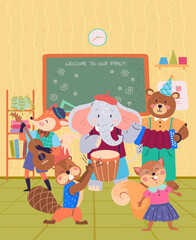 Animal band vector illustration. The zoo becomes lively celebration music and wildlife, led by cheerful animal band Join festivities as wildlife orchestra performs. Welcome to our family