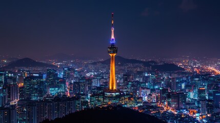 Scenic view of the N Seoul Tower at night, illuminated against the city skyline