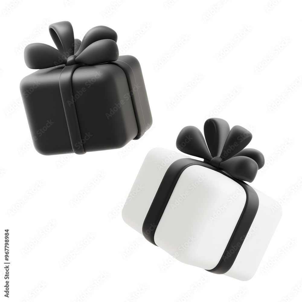 Wall mural black and white gift box with ribbon 3d render icon isolated on transparent background cutout