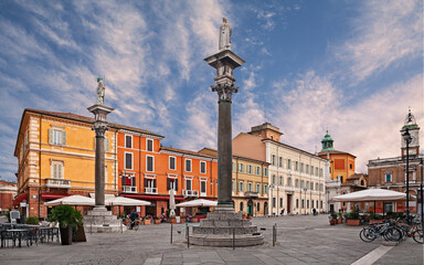 Ravenna, Emilia-Romagna, Italy: the main square Piazza del Popolo with the ancient columns with the statues of Saint Apollinare and Saint Vitale