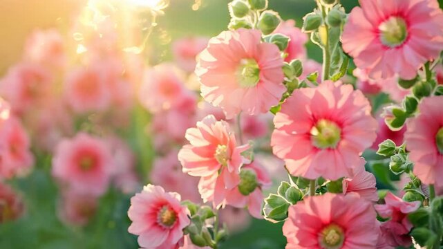 pink Holly hock flower full bloom sway in gentle wind with sunlight