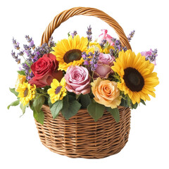 Obraz premium A vibrant floral arrangement in a woven basket, perfect for gifts or home decoration.