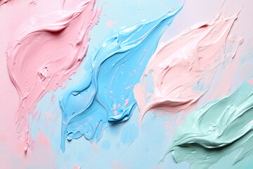 Fototapeta premium A burst of pastel paints in soft tones of baby blue, blush pink, and mint green, with a smooth, matte finish and gentle splatters for a delicate, calming design.