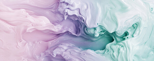 Fototapeta premium A burst of pastel paints in soft hues of lavender, mint green, and pale pink, spreading outward with a smooth, matte texture for a gentle, artistic effect.