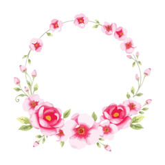 Wreaths, floral frames, watercolor flowers pink roses, Illustration hand painted. Isolated on white background. Perfectly for greeting card design. Pastel Watercolor Heart Shaped Floral Wreath