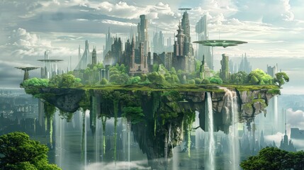 Naklejka premium A futuristic city on a floating island with cascading waterfalls.