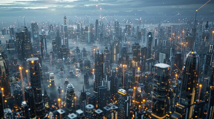 Fototapeta premium A futuristic city skyline with towering skyscrapers and glowing lights. The city is shrouded in a thick fog, creating a sense of mystery and awe.