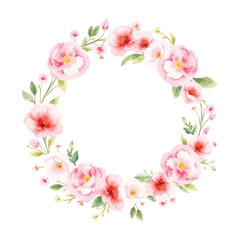 Wreaths, floral frames, watercolor flowers pink roses, Illustration hand painted. Isolated on white background. Perfectly for greeting card design. Pastel Watercolor Heart Shaped Floral Wreath