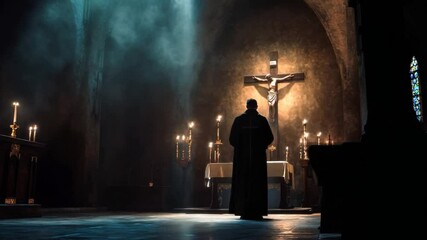 A Catholic priest in deep prayer before a crucifix at a dimly lit altar. The glow of candles illuminates the sacred space. Ai Footage.