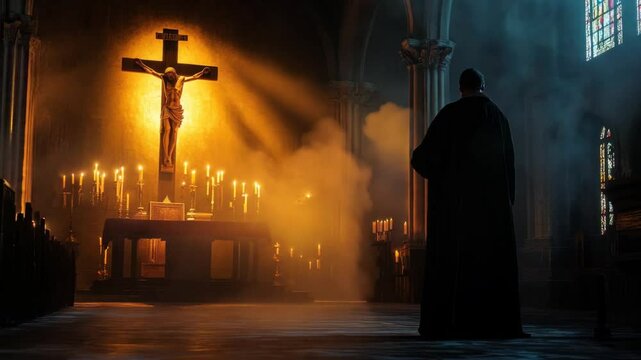 A Catholic priest in deep prayer before a crucifix at a dimly lit altar. The glow of candles illuminates the sacred space. Ai Footage.