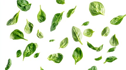 Spinach leaves falling from above, fresh and green, mid-air capture, isolated on white
