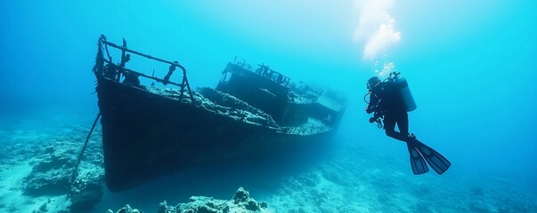 Fototapeta premium Exploring Preserved Shipwrecks in Underwater Archaeology - Scuba Divers Unveil Historical Artifacts in Mysterious Ocean Depths for Thrilling Adventure and Discovery