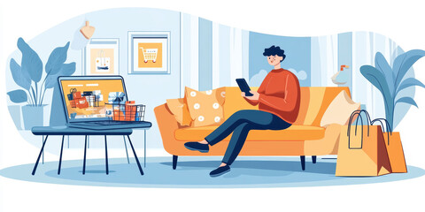 A person sitting comfortably at home makes purchases online. AI generative.