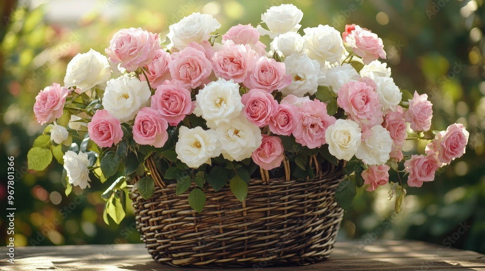 Wall mural Pink and white roses elegantly arranged in a vintage basket, set on a garden table under the soft morning light.