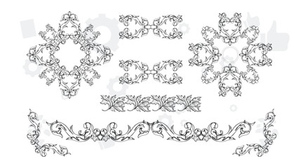 Set of wreath, flowers, leaf branches in hand drawn pattern. Foliage line art design for wedding, card, invitation, greeting, logo.