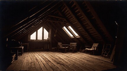 Generative AI, Black and White Abandoned Attic with Sunlight Through the Window: A Quiet and Nostalgic Scene of Decay and Forgotten Memories