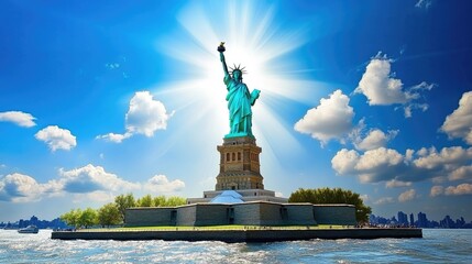 Fototapeta premium The Statue of Liberty in New York Harbor, with a vibrant blue sky and white clouds