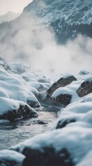 Geothermal Springs Steaming Amidst Snow-Covered Rocks