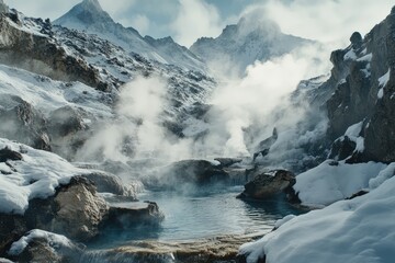 Geothermal Springs Steaming Amidst Snow-Covered Rocks