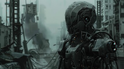 A futuristic robot stands in a desolate cityscape, a symbol of technological advancement and dystopian future.