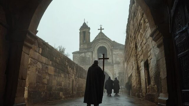 A solemn religious procession led by a Catholic priest holding a cross, with monks walking toward an ancient stone church, reverence and sacred devotion, symbolizing the spiritual journey of faith.