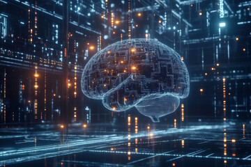 A conceptual design featuring a brain connected to glowing digital circuits, representing the concept of innovative ideas and creativity on a futuristic backdrop.