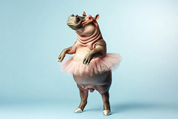 a hippo wearing a tutu and ballet slippers, standing on its hind legs against a light blue background, appearing ready for a ballet performance