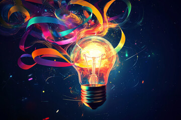 A conceptual design with a glowing lightbulb made of colorful, flowing ribbons, symbolizing creative ideas and inspiration.